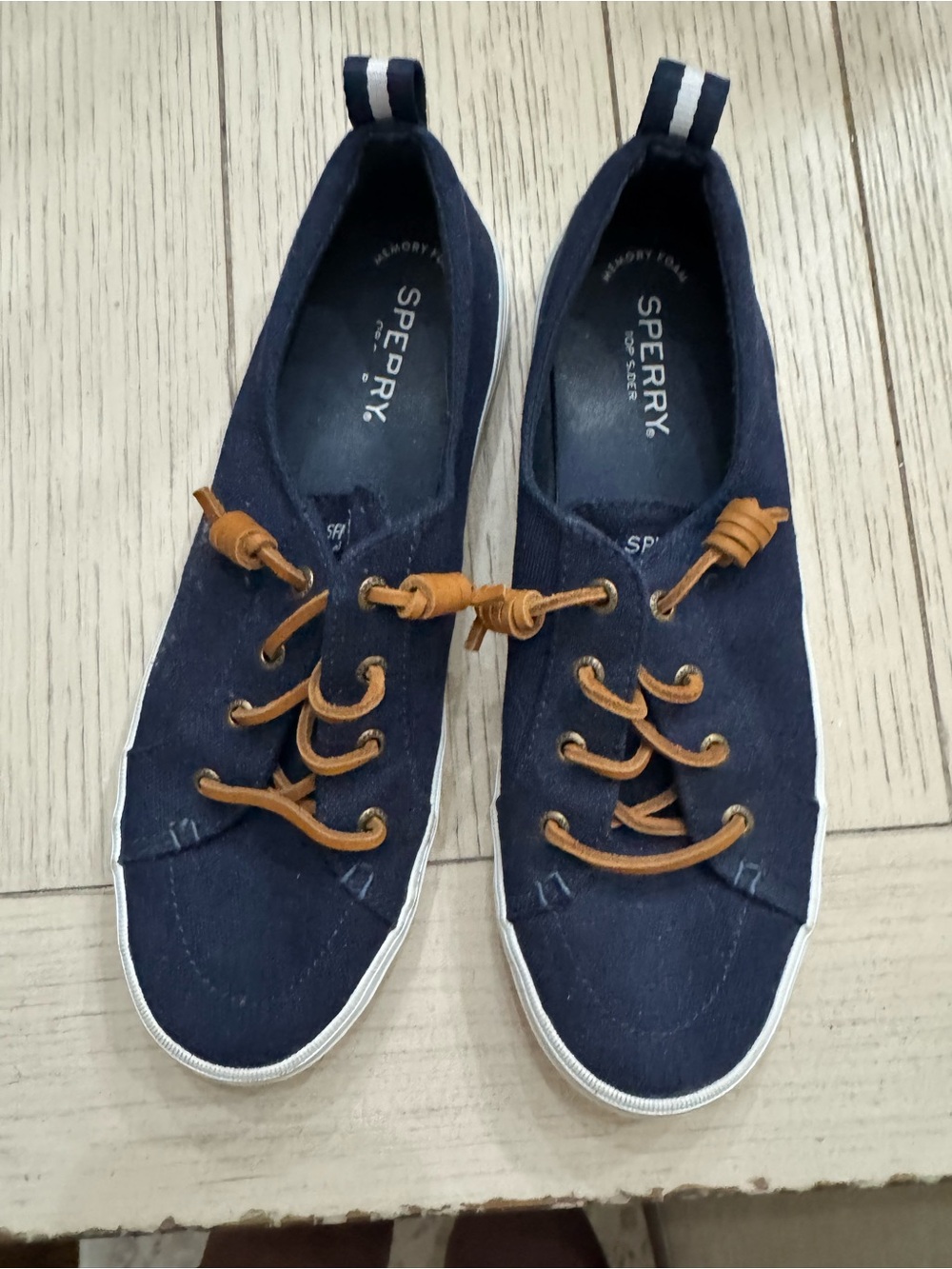 Sperry Navy Canvas Slip-Ons with Tan Leather Laces